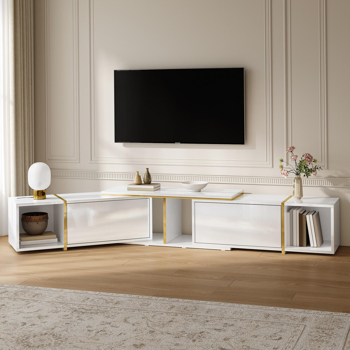 TV-LOWBOARD ausziehbar 275 x 35 x 37 cm, Spanplatte, Hochglanzfronten, Weiß - Weiß, Holzwerkstoff (275/37/35cm)