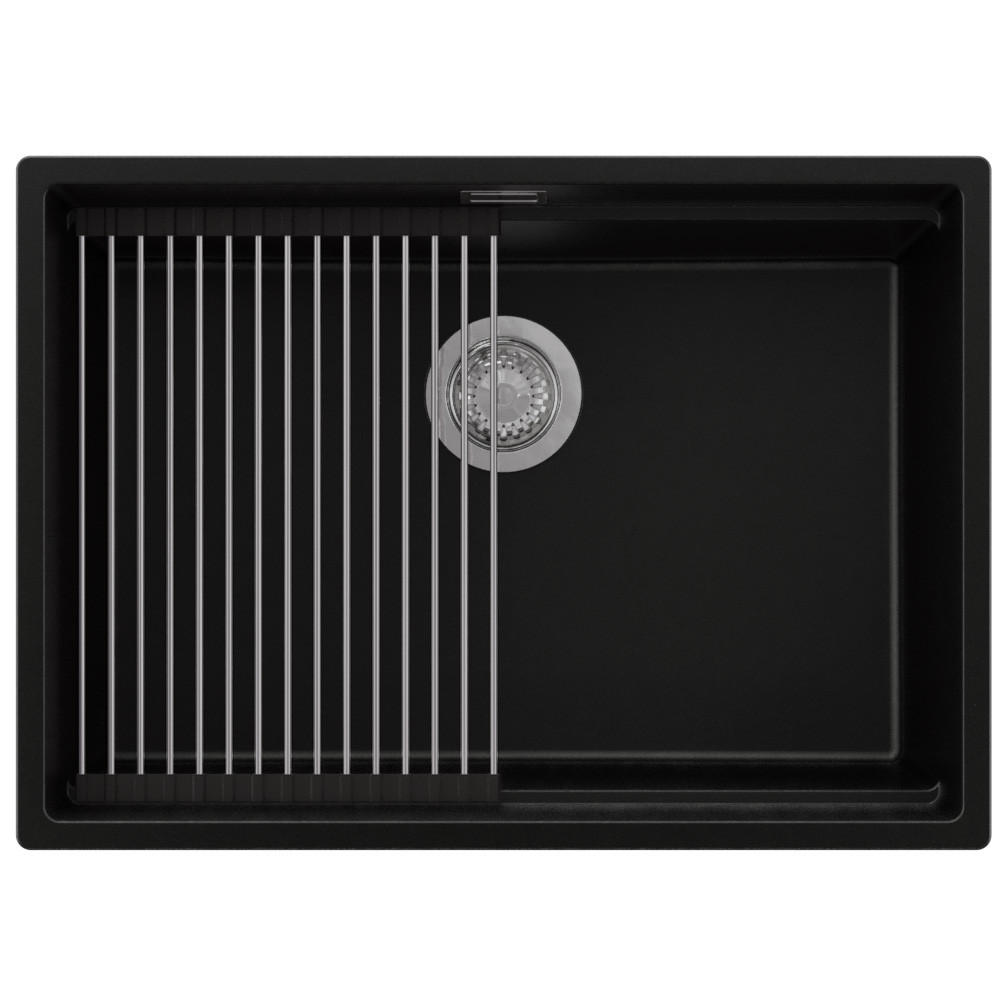 SPÜLBECKEN Praga Slim, 2-er set Schwarz 66/47 cm 1 Becken + Ablauf-Set + Aufrollbare Abtropffläche ab 70er Unterschrank - Chromfarben/Schwarz, Kunststoff (66/20/47cm) - Primagran