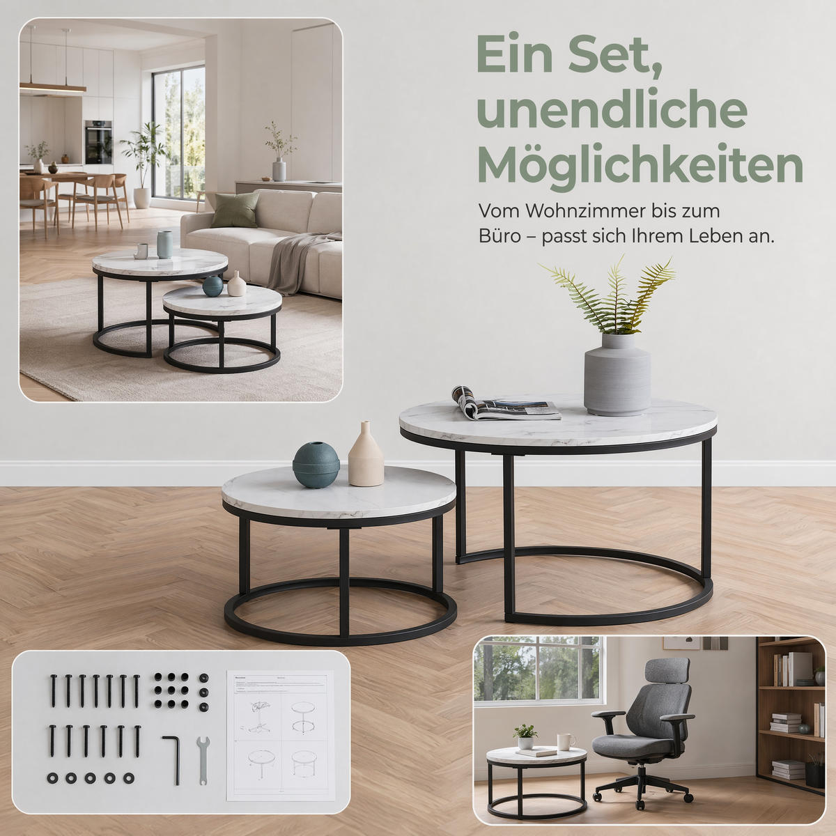 COUCHTISCH 2-TEILIG Rund Weiß Schwarz Metall Tischset Wohnzimmer - Multicolor, Holz (80/60/45cm) - SHOPENTRA