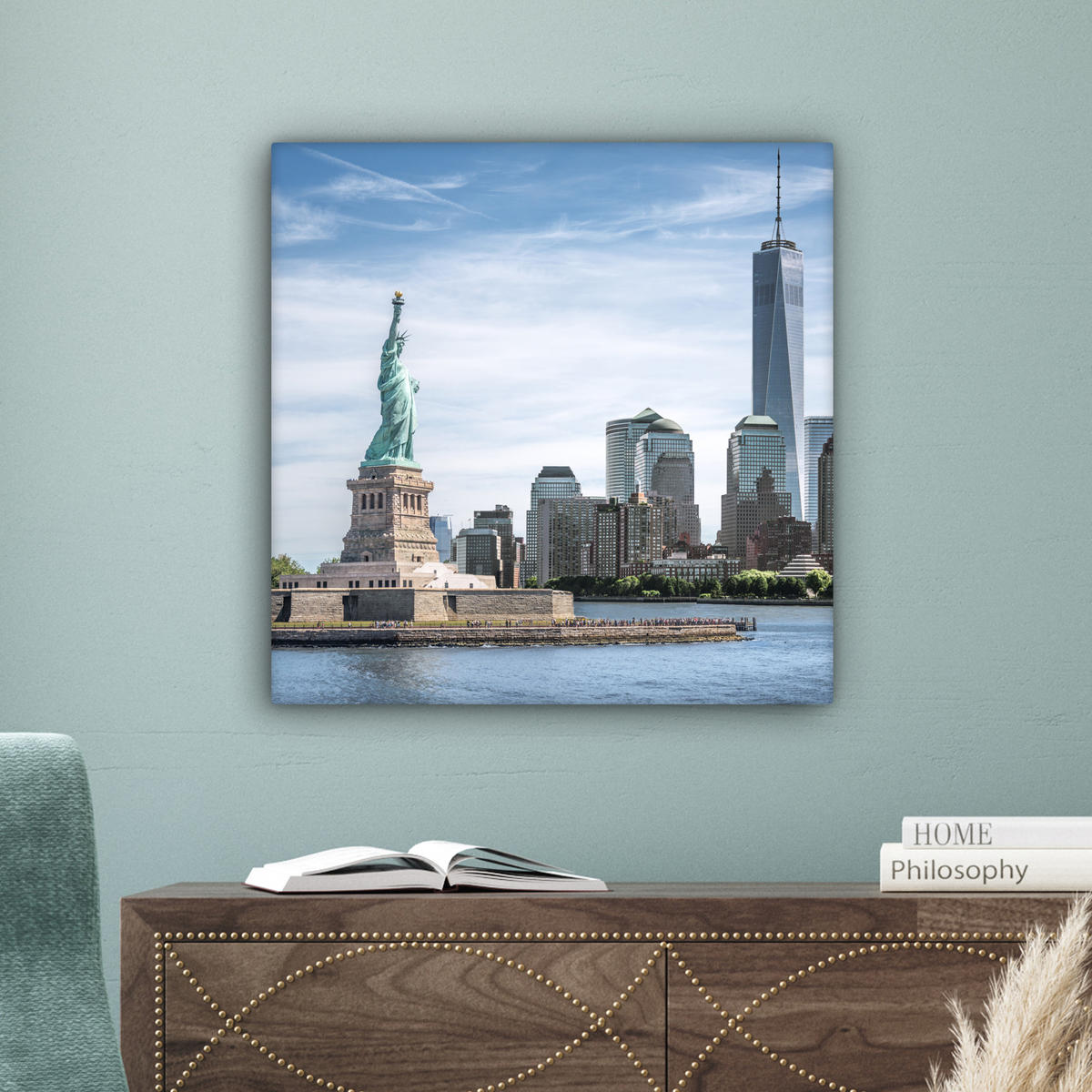 LEINWANDBILD New York - Freiheitsstatue - Wasser 50x50 cm - Hellblau, Textil (50/50cm) - MuchoWow