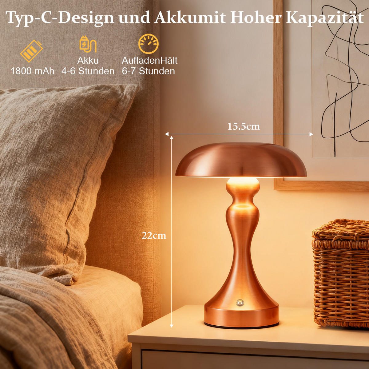 LED stolní lampa, přepěťová ochrana 15,5/15,5/22 cm - bronzová, kov (15.5/15.5/22cm) - Nettlife