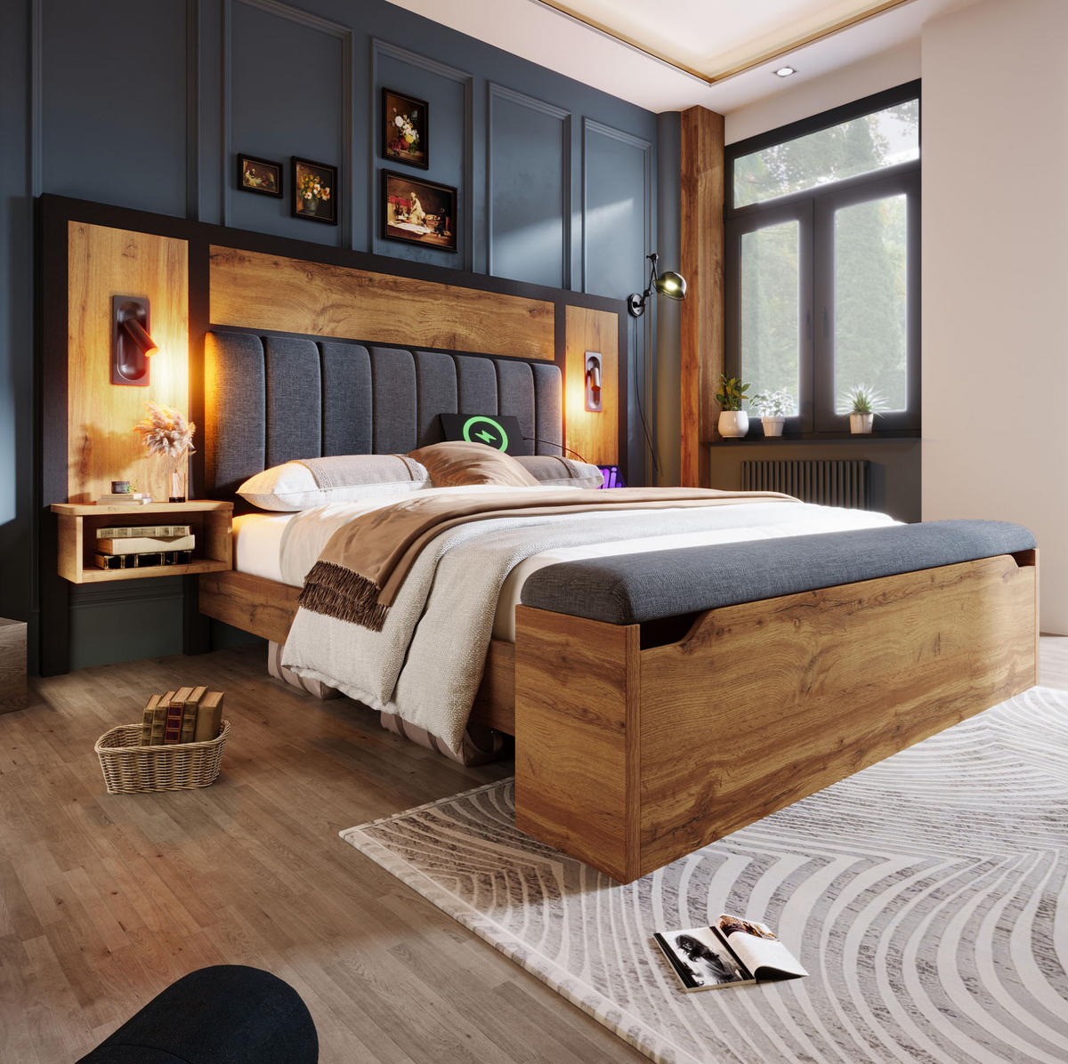 POLSTERBETT aus Metall, MDF und Leinen 180x200 cm Eiche mit Leselampen, USB-C und Stauraumbank - Eichefarben, Metall (180/200cm) - IVMEU