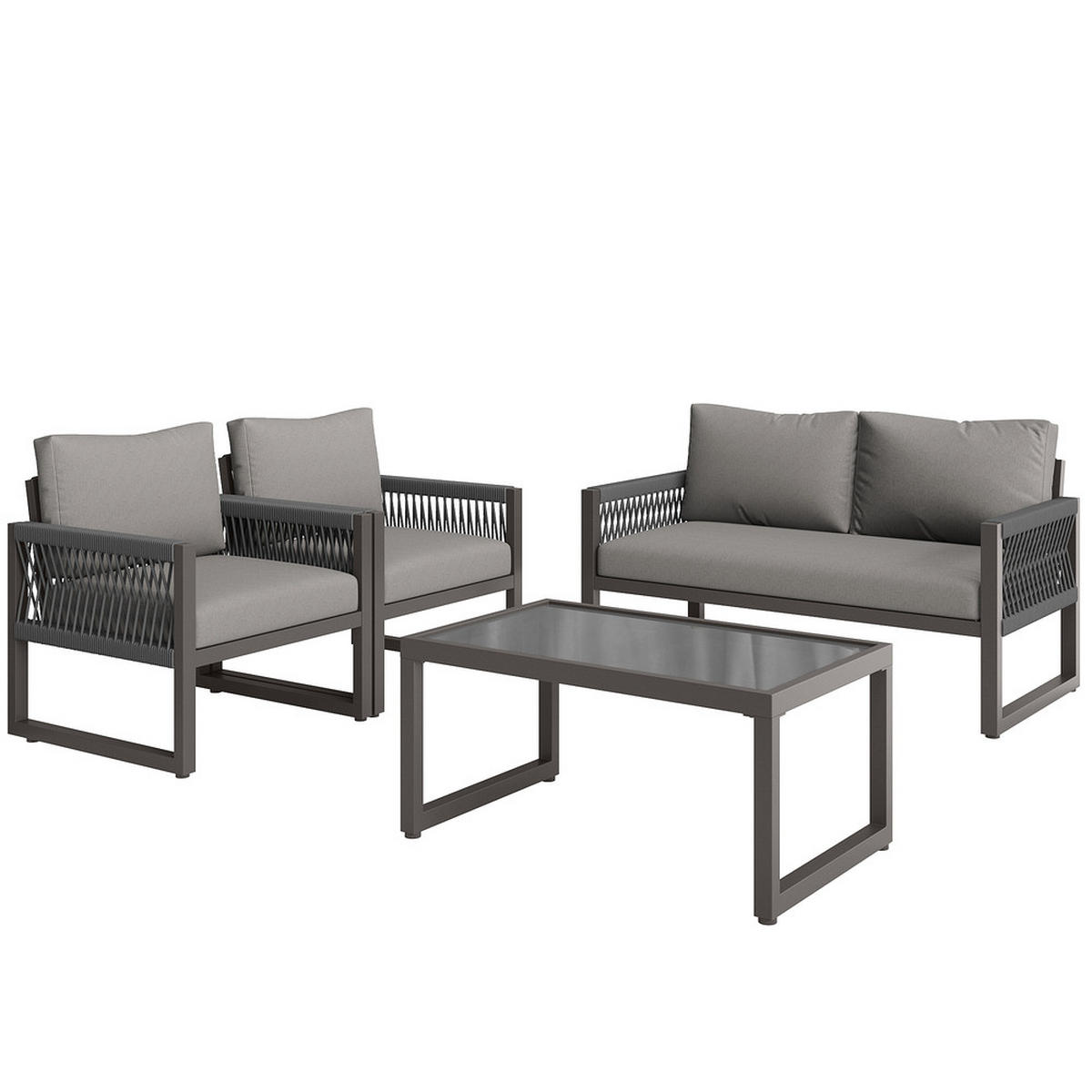 LOUNGESESSEL Set aus grauem Seil mit Eisenrahmen Glastisch Sitzkissen verstellbare Füße Gartenmöbel Set 4teilig Grau - Grau, Metall