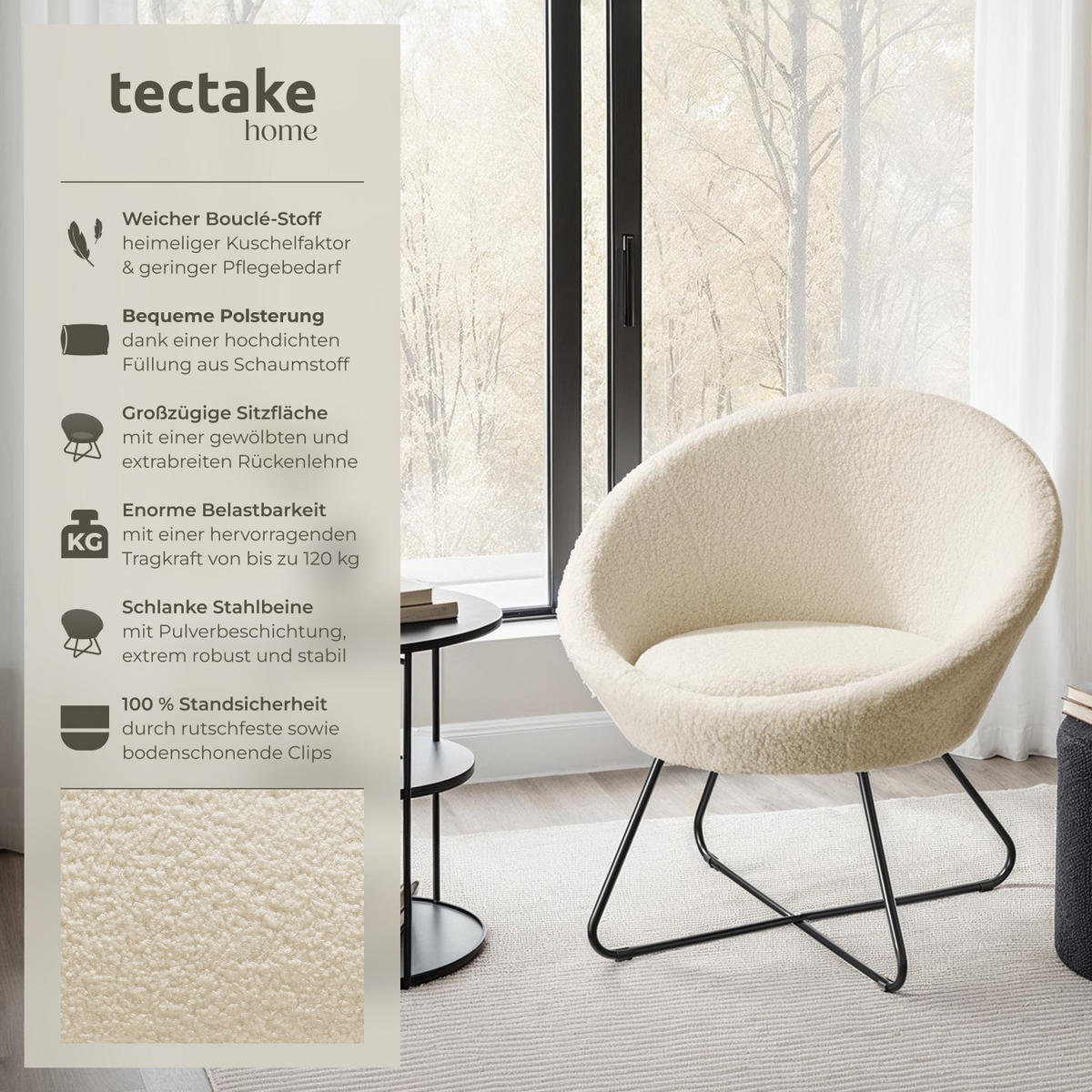 COCKTAILSESSEL Centera,83 x 73 x 82 cm,Bouclé off-white - Weiß, Metall (83/82/73cm) - tectake