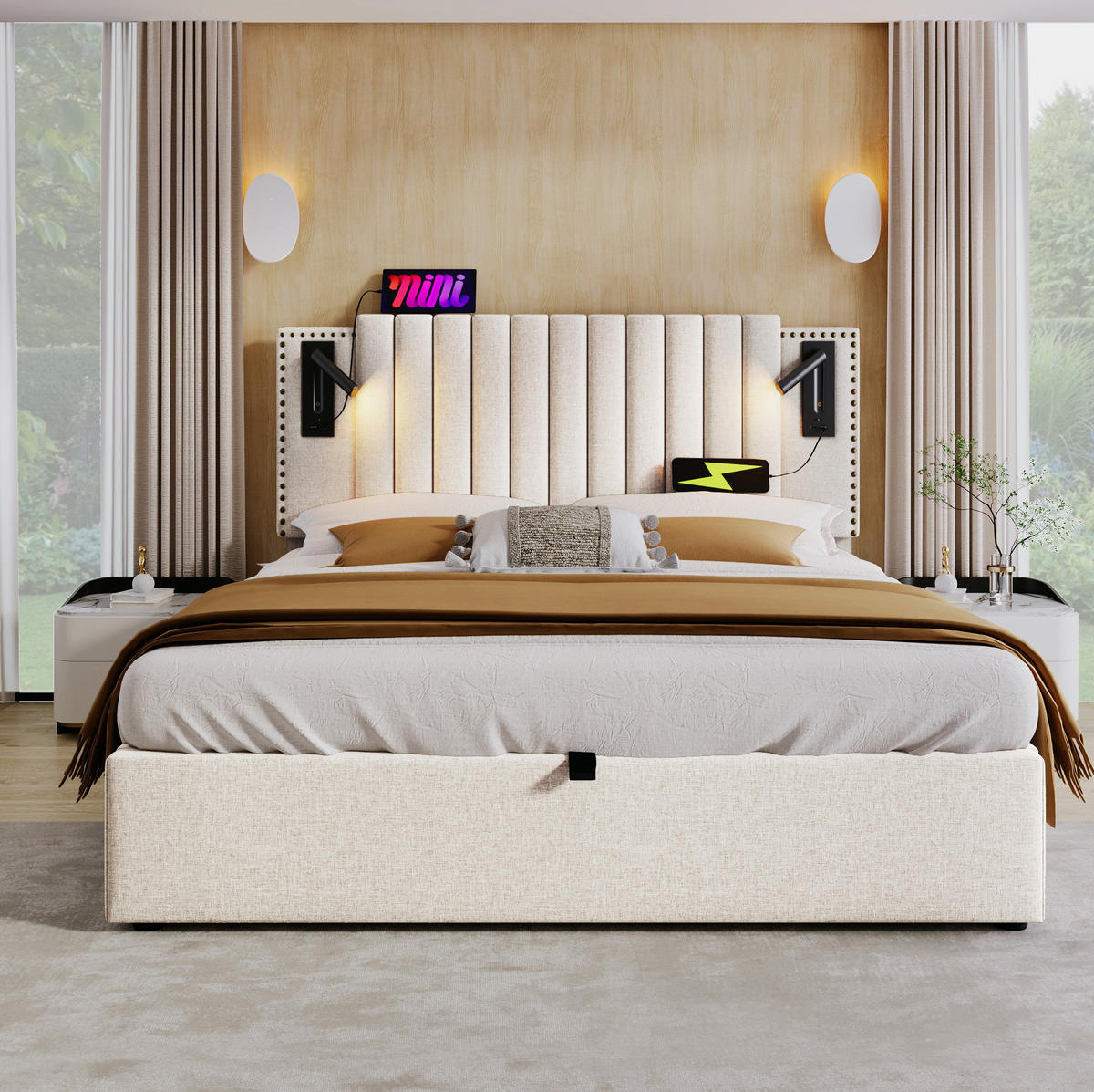 POLSTERBETT 140/200 cm Beige mit Bettkasten, LED und USB ohne Matratze - Beige, Textil (140/200cm) - MIVRAY