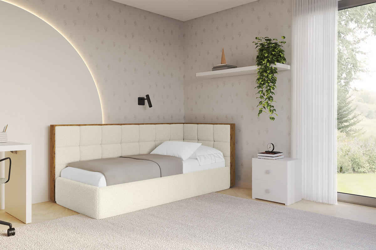 EINZELLBETT Jugendbett mit Bettkasten und Matratze H3/H4, Links - SOVY 90x200 Beige - Champagner, Holzwerkstoff/Textil (90/200cm) - ALTDECOR