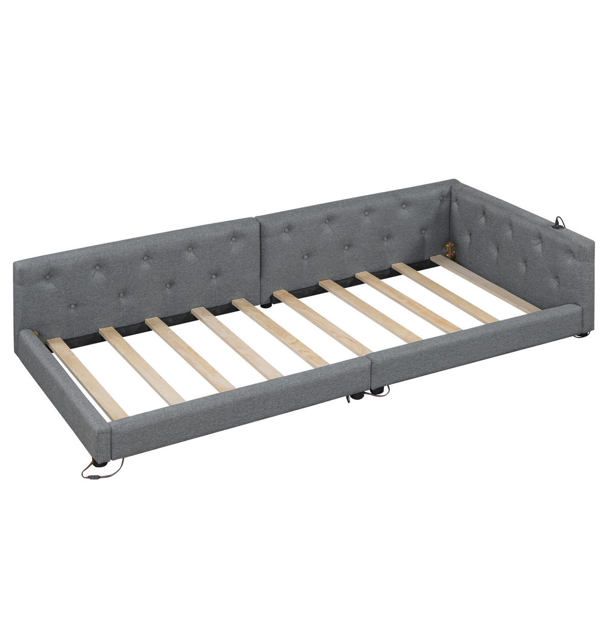 POLSTERBETT aus Leinen und MDF 90x200 cm Grau mit LED-Beleuchtung, USB- und Type-C-Anschluss, Lattenrost - Grau, Textil (90/200cm) - Modfu
