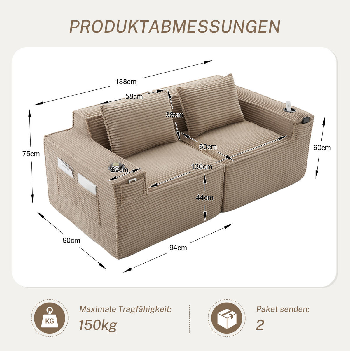 SOFA modulares 2-Sitzer 188 x 90 x 75 cm Cord Khaki - Braun, Kunststoff (188/75/90cm) - Meubliv