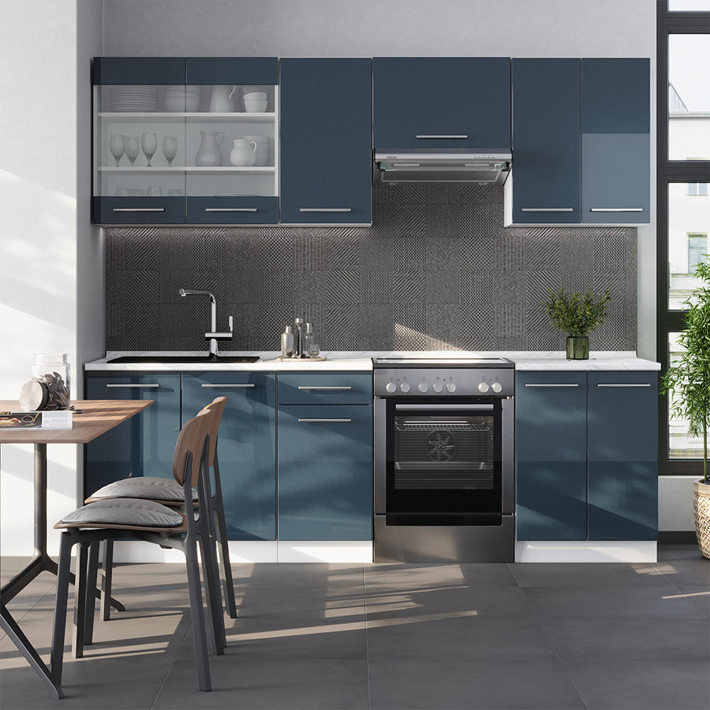 KÜCHENZEILE Fame-Line Dunkelblau Hochglanz/Weiß 240 cm, AP Anthrazit - Dunkelblau/Weiß, Holzwerkstoff (240/81.6/60cm) - Vicco
