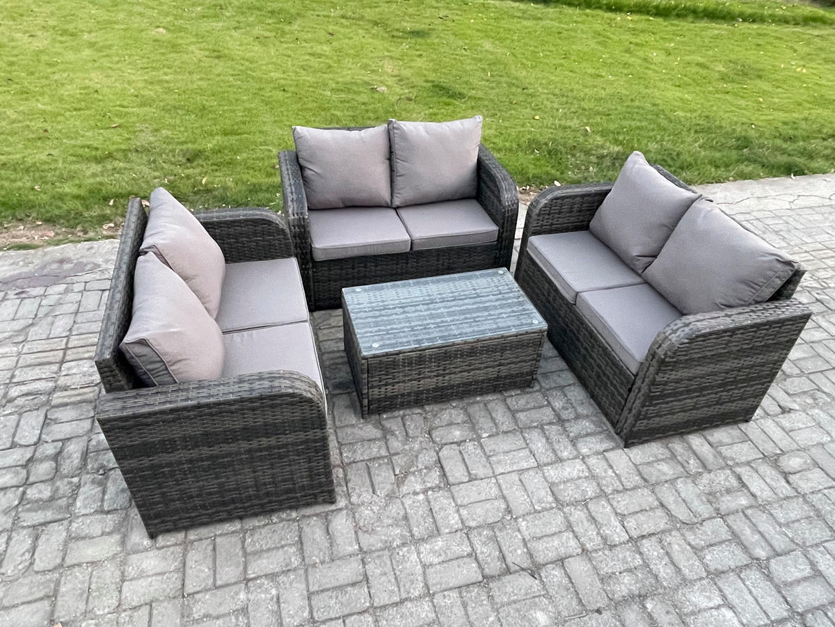 GARTENMÖBELGARNITUR mit KISSEN Polyrattan Dunkelgrau 6-Sitzer - Dunkelgrau/Grau, Glas/Kunststoff - Fimous