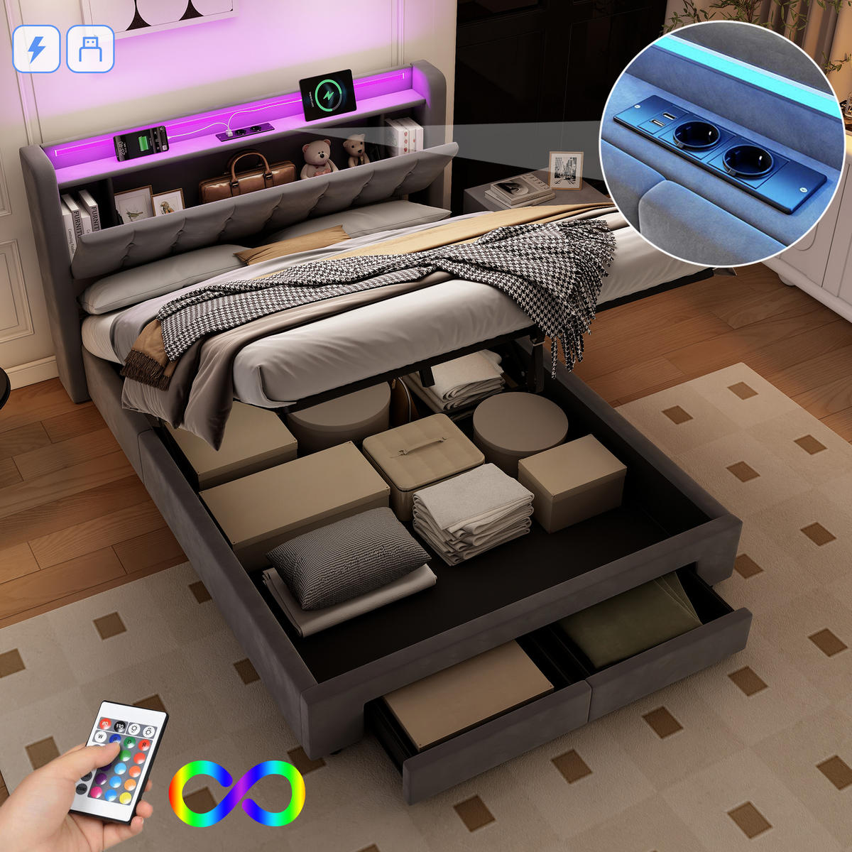 POLSTERBETT 140/200 cm Grau mit LED-Lichtleiste und USB-Anschlüssen - Grau, Holzwerkstoff (140/200cm) - OKWISH