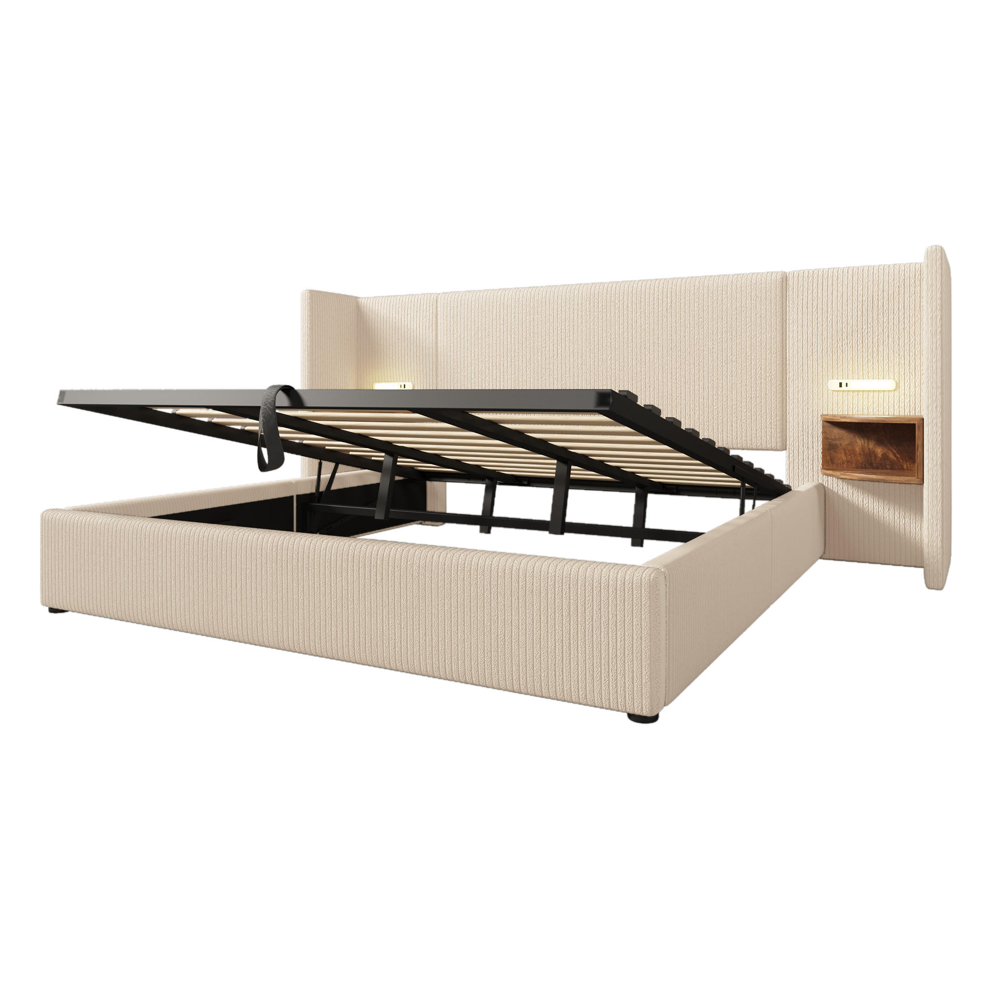 POLSTERBETT 180/200 cm Beige mit Nachttisch, Leselampe und USB Type-C Ladefunktion, Ohne Matratze - Beige, Textil (180/200cm) - Oxeza