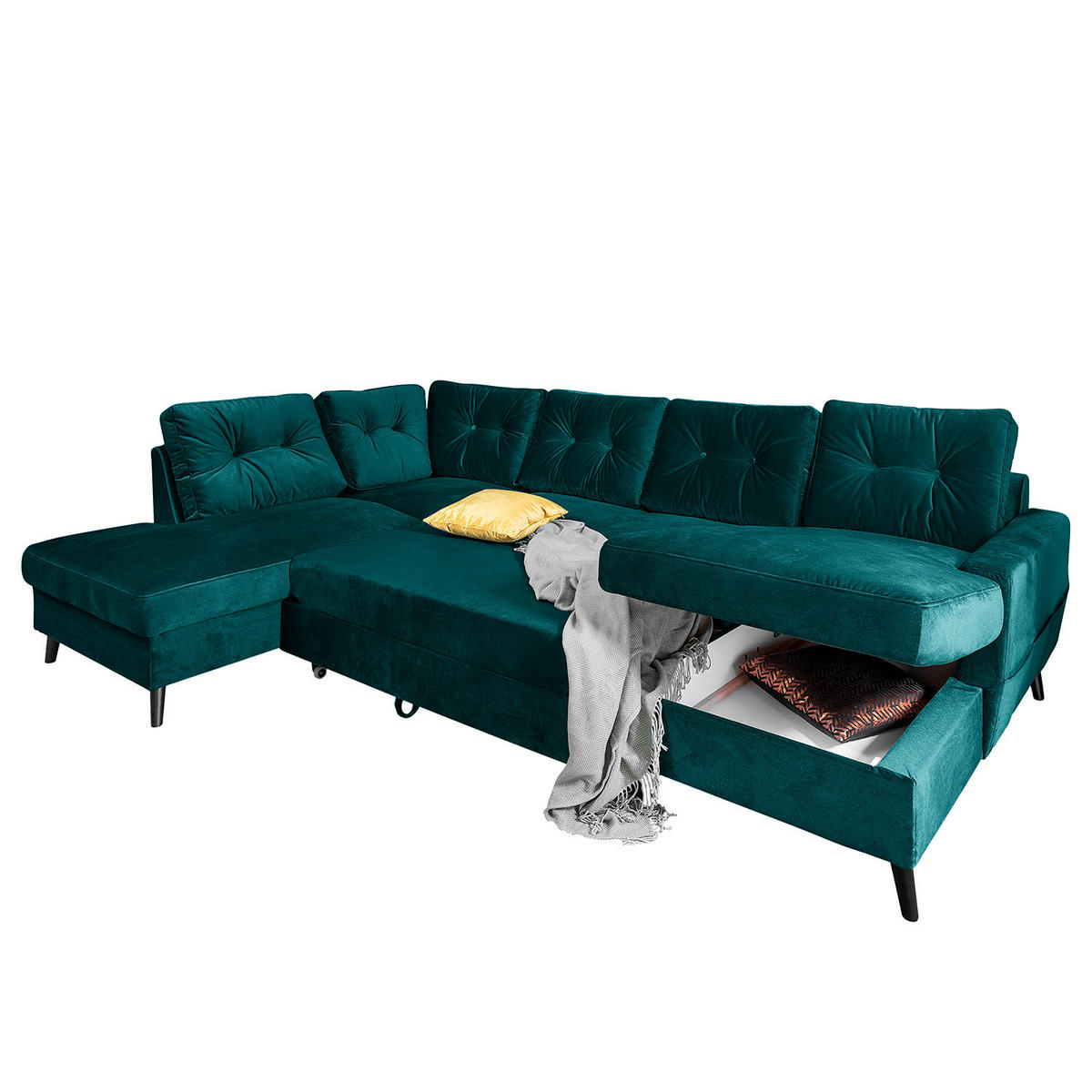 WOHNLANDSCHAFT mit Longchair - Petrol/Schwarz, Buchenholz/Textil (297/90/200cm) - home24