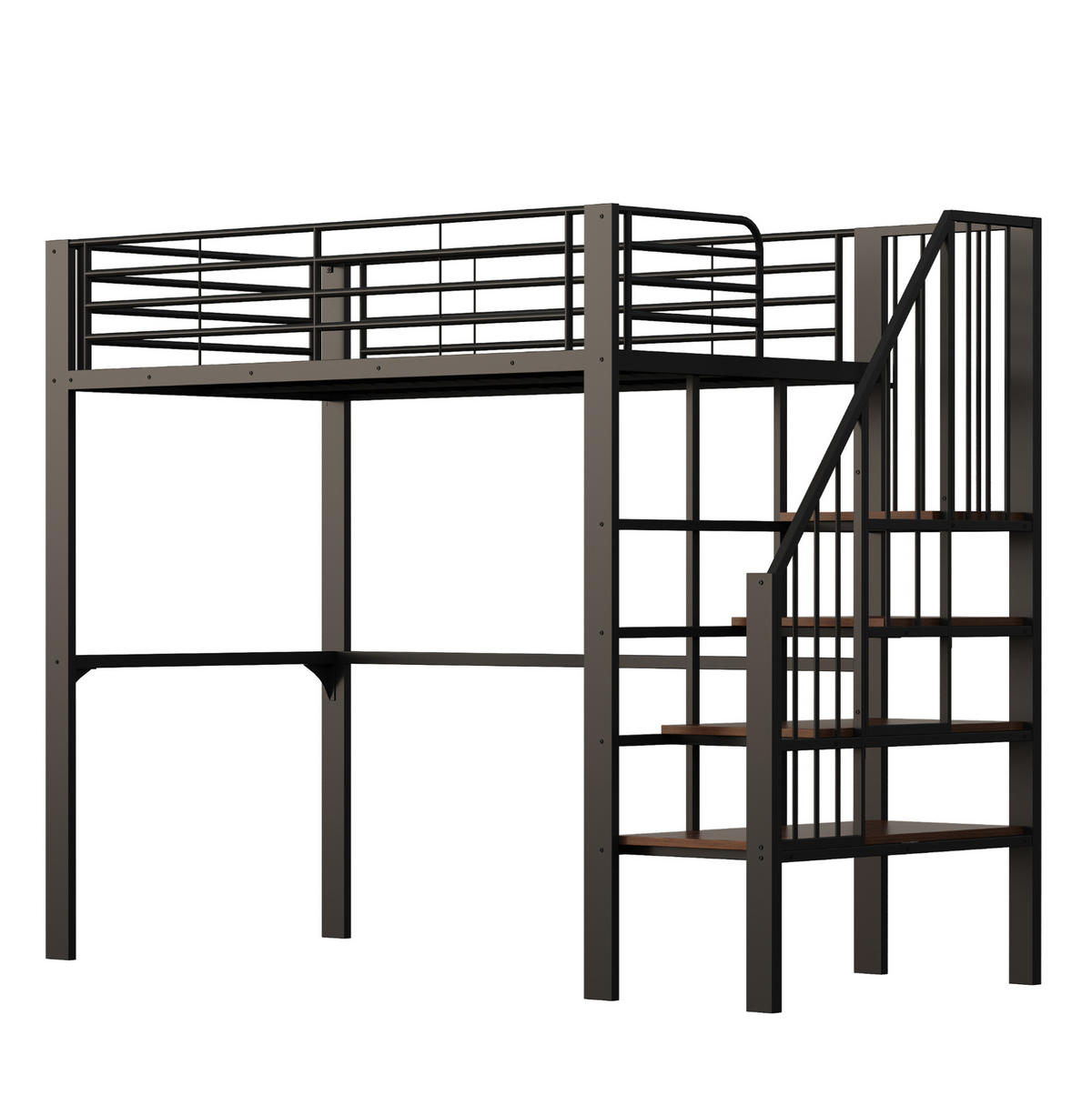 VYSOKÁ postel 251,5/95/169 cm černá s úložným prostorem a schody z kovu a dřeva - černá, kov (90/200cm) - OKWISH