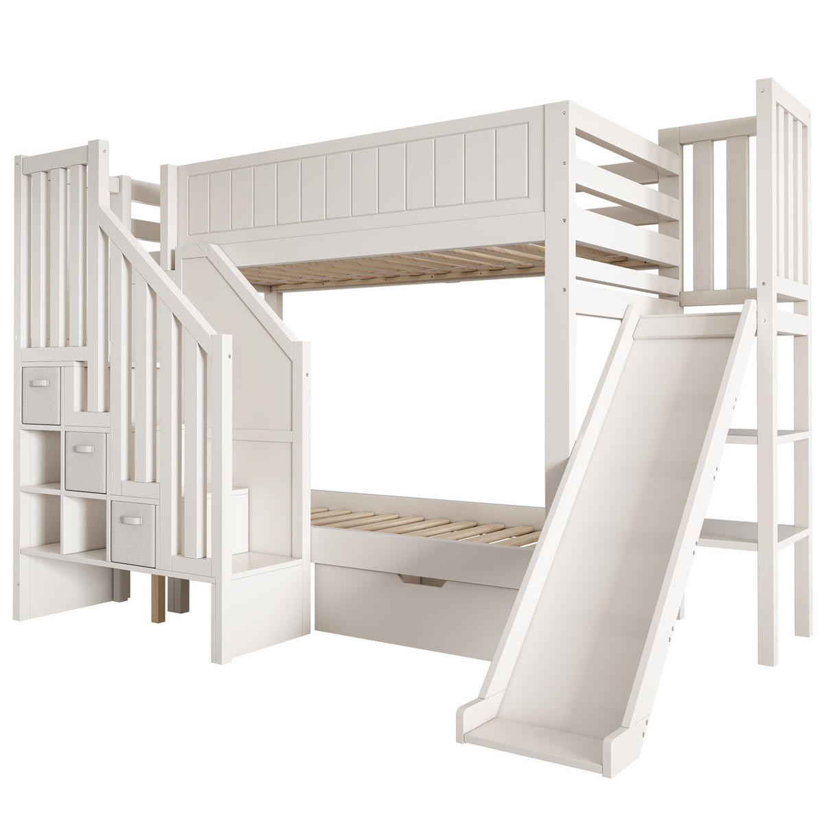 ETAGENBETT 160/200 cm weiß aus Holz mit Rutsche und Stauraum - Weiß, Holzwerkstoff (90/200cm) - OKWISH