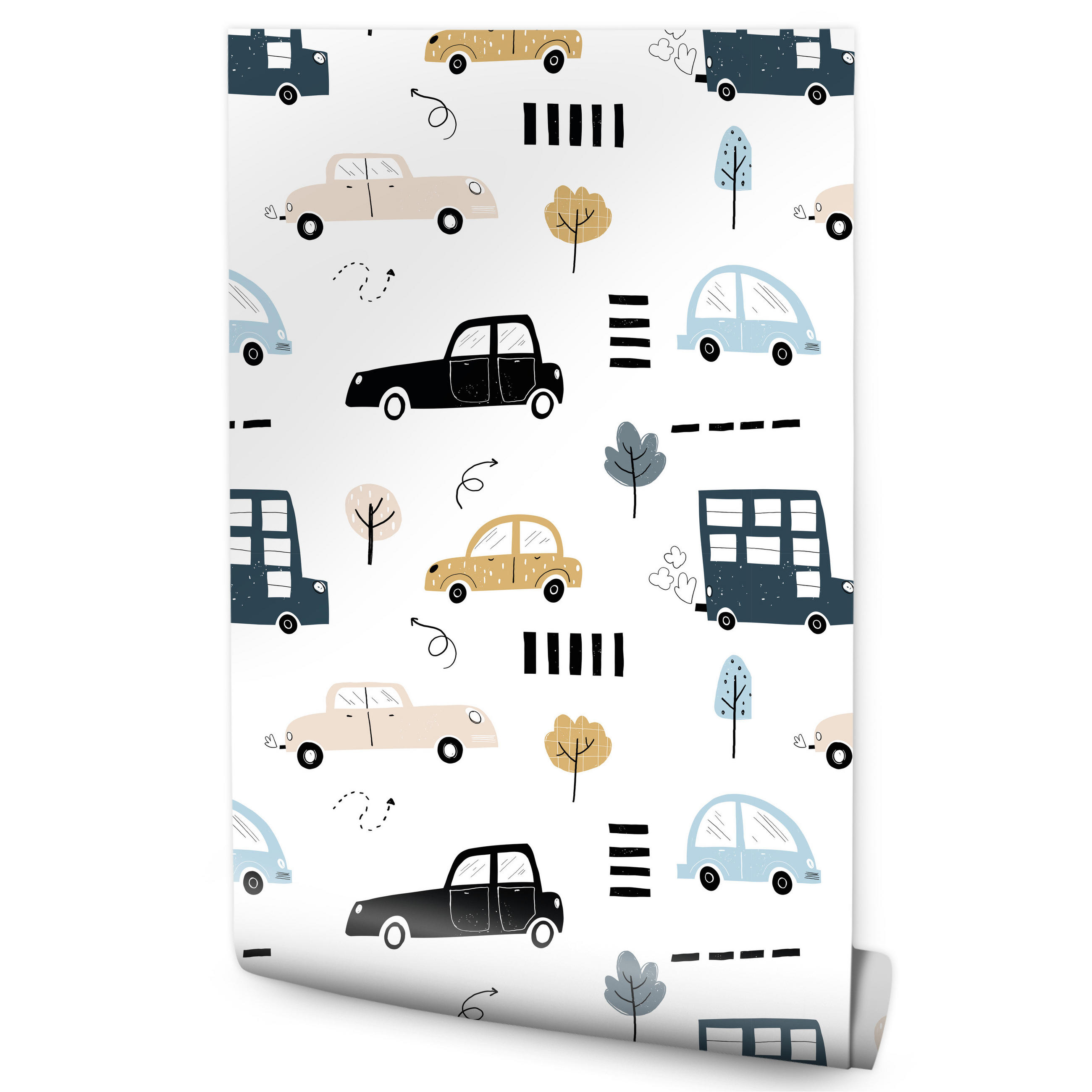 VLIESTAPETE Pastellautos und Bäume – Blau, Beige, Weiß – 50x1000 cm - Blau/Beige, Papier (50/1000cm) - Muralo
