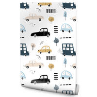 VLIESTAPETE Pastellautos und Bäume – Blau, Beige, Weiß – 50x1000 cm - Blau/Beige, Papier (50/1000cm) - Muralo