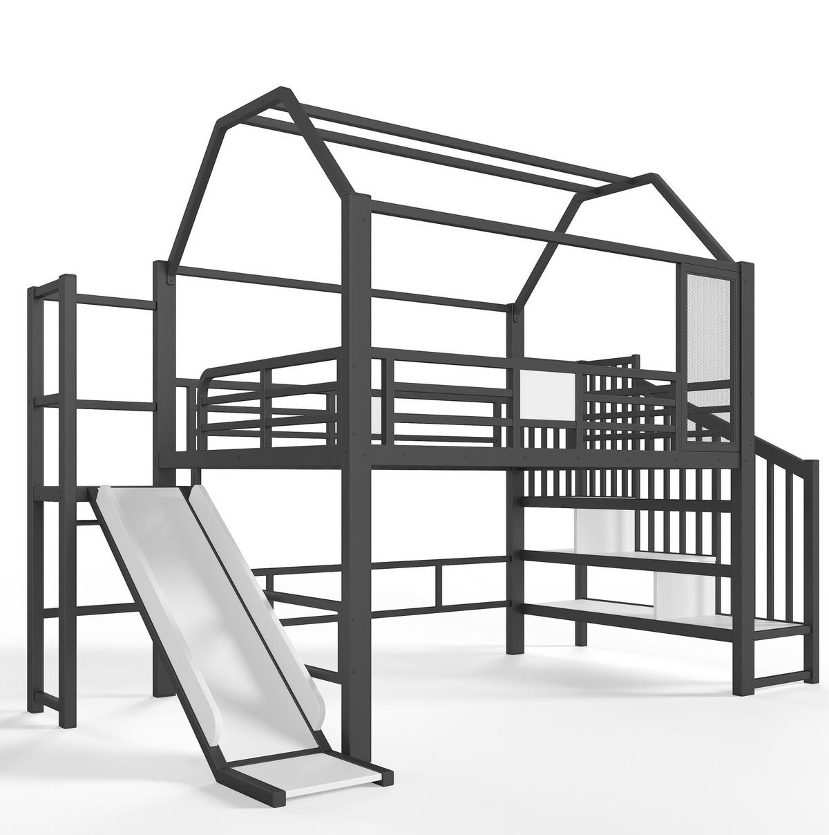 KINDERHOCHBETT MDF & Metall 140x200 cm Schwarz mit Rutsche, Treppe, Stauraumfächern und LED-Beleuchtung - Schwarz, Holzwerkstoff (140/200cm) - Modfu
