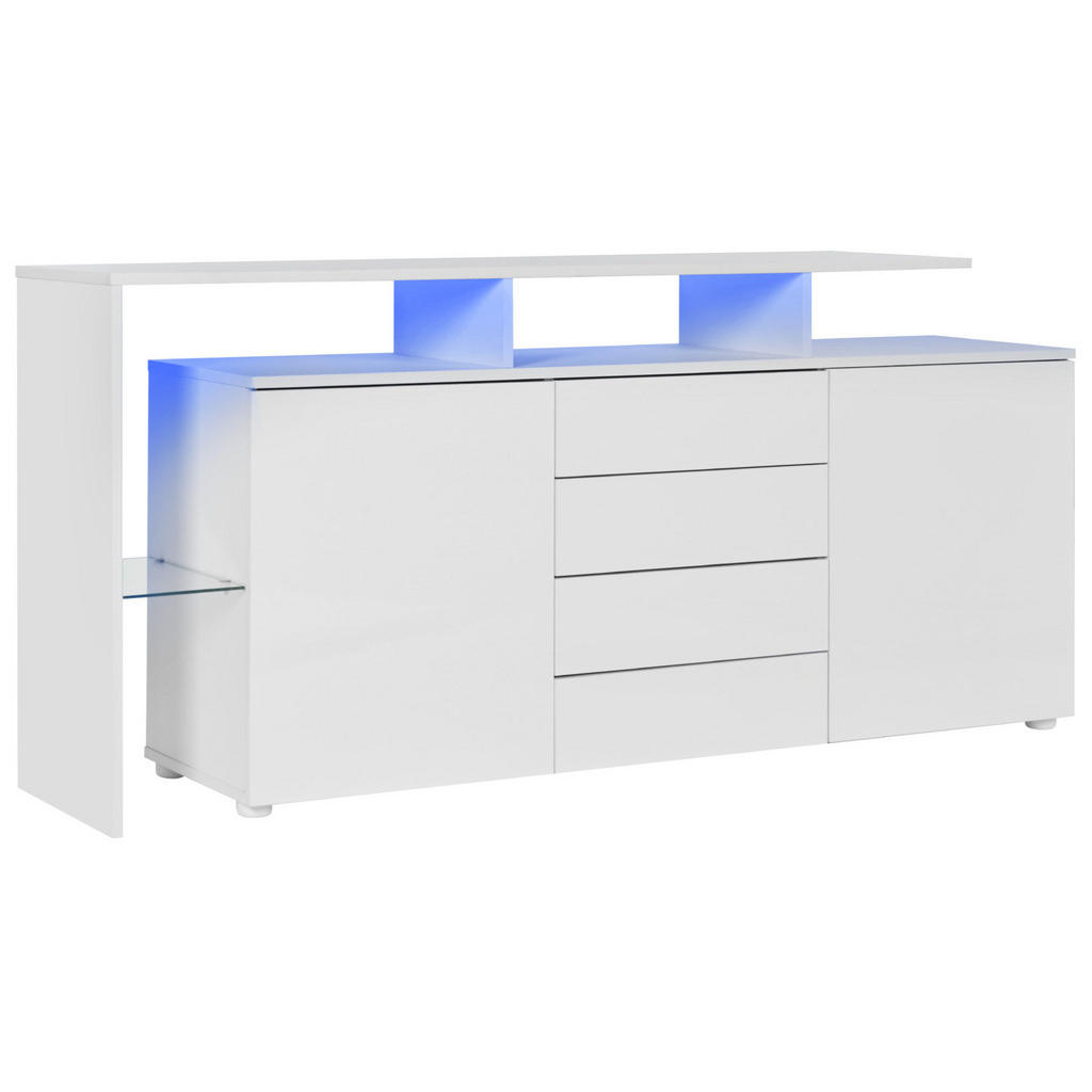 Modfu KOMODA z dřevotřísky 160x70x35 cm bílá s LED osvětlením, USB a 4 zásuvkami