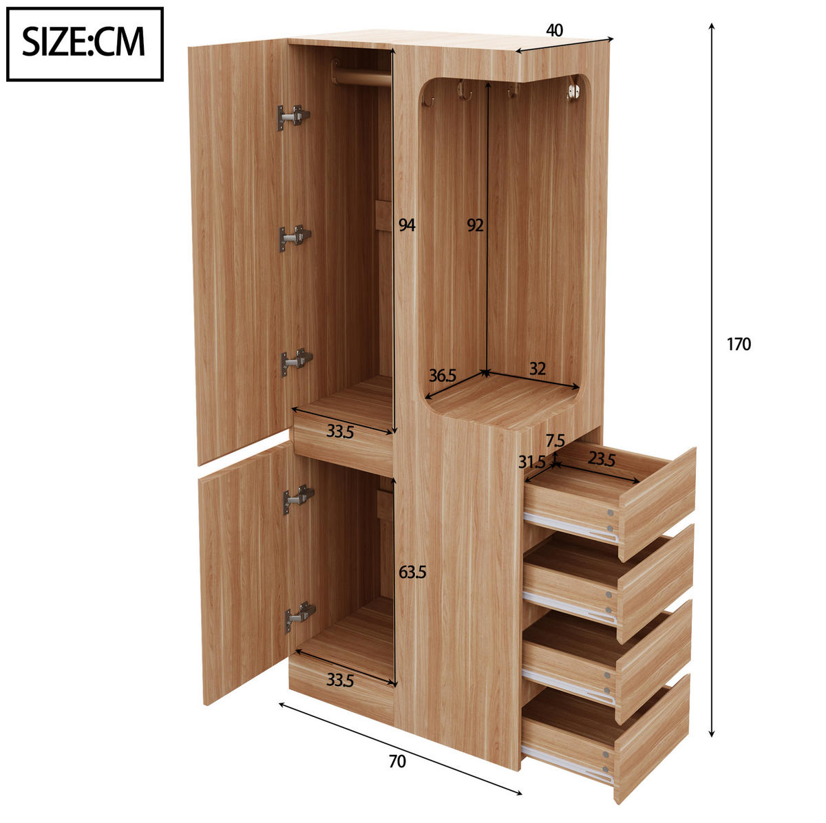 KLEIDERSCHRANK 70/40/170 cm in Weiß/Holz mit 4 Schubladen und offenem Hängebereich - Naturfarben, Holz (70/170/40cm) - BEAOK