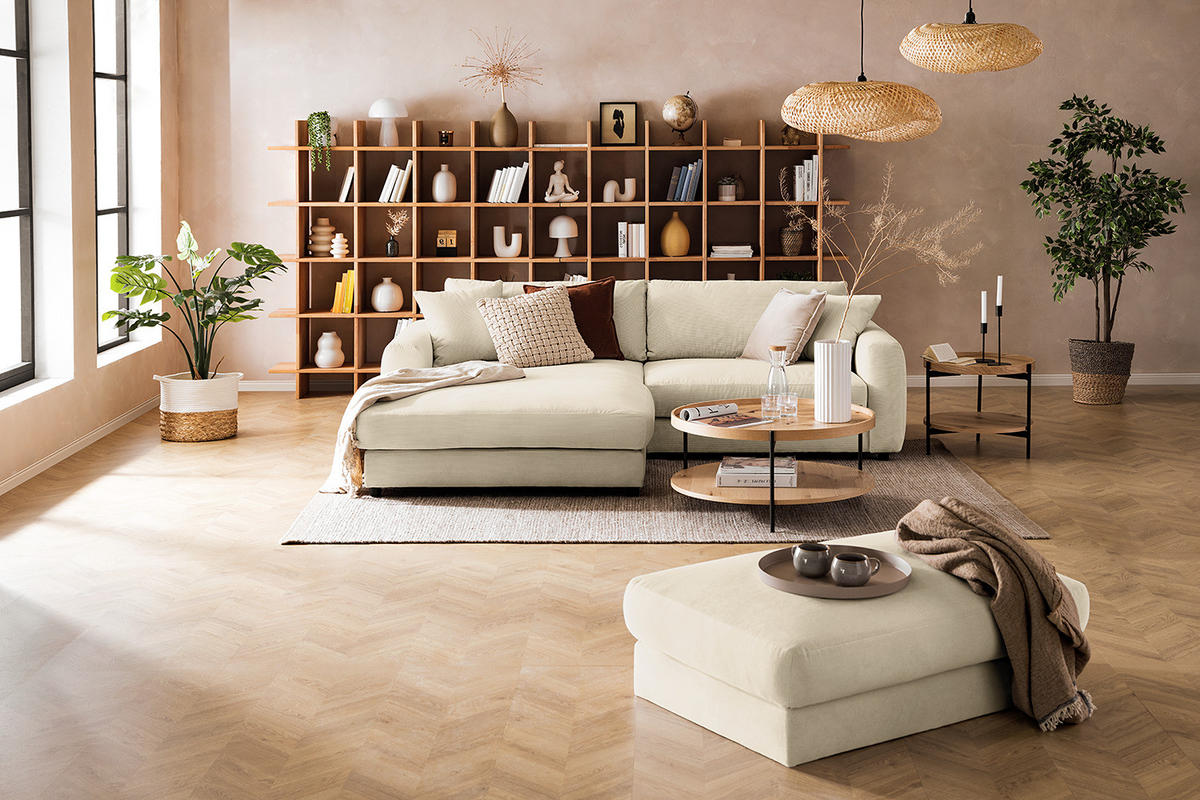 ECKSOFA mit Longchair - Beige/Schwarz, Holz/Kunststoff (238/183cm) - home24