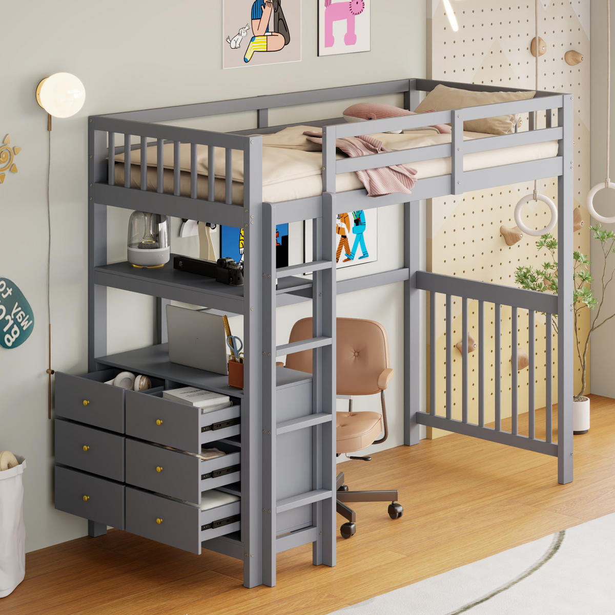 HOCHBETT 90/200 cm grau mit vertikaler Sicherheitsleiter und Schubladen - Grau, Holz (90/200cm) - OKWISH