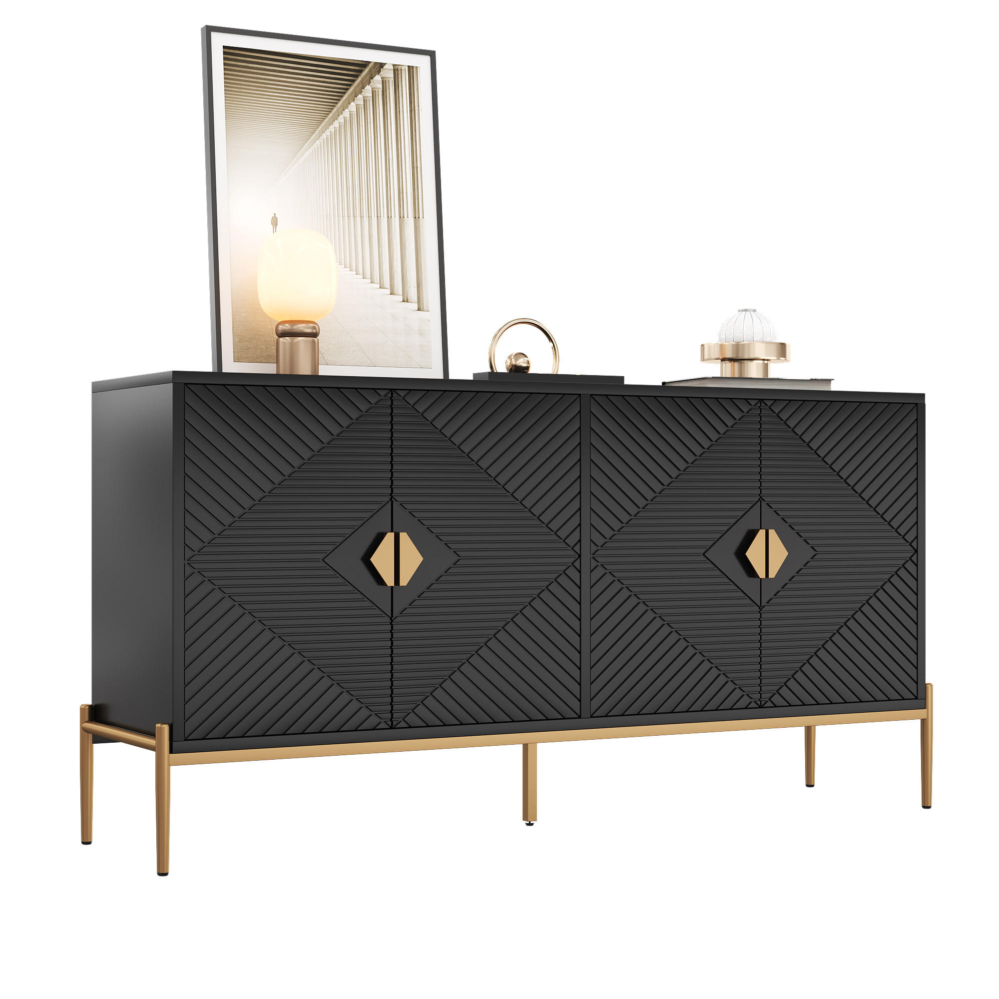 SIDEBOARD in Schwarz und Gold Anrichte mit 4 Türen und Metallgriffen für Wohnzimmer, Flur und Esszimmer, B162/T40/H80 cm - Goldfarben/Schwarz, Holzwerkstoff/Metall (162/80/40cm) - STILVORA