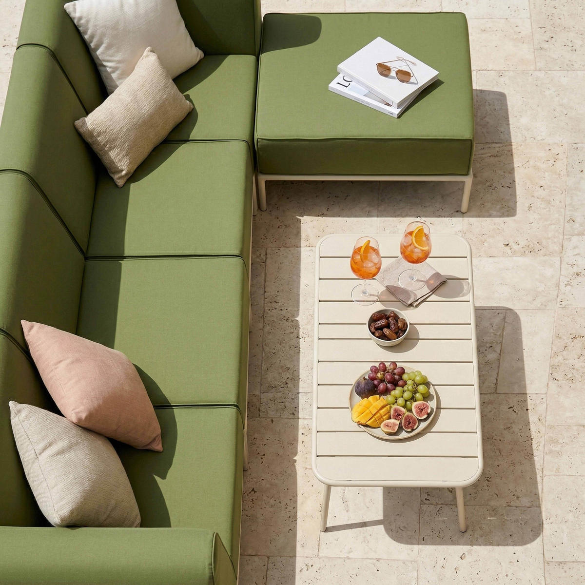 GARTENSOFA mit 5 Sitzplätzen, Khakigrün - Grün, Textil (288/78/80cm) - Oviala