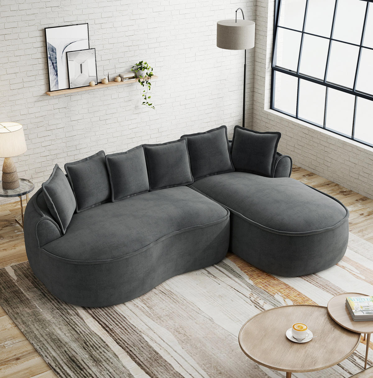 ECKSOFA 252/164/67 cm modular 122 cm grau aus Chenille mit Chaiselongue und Kissen - Grau, Textil (164/252cm) - OKWISH