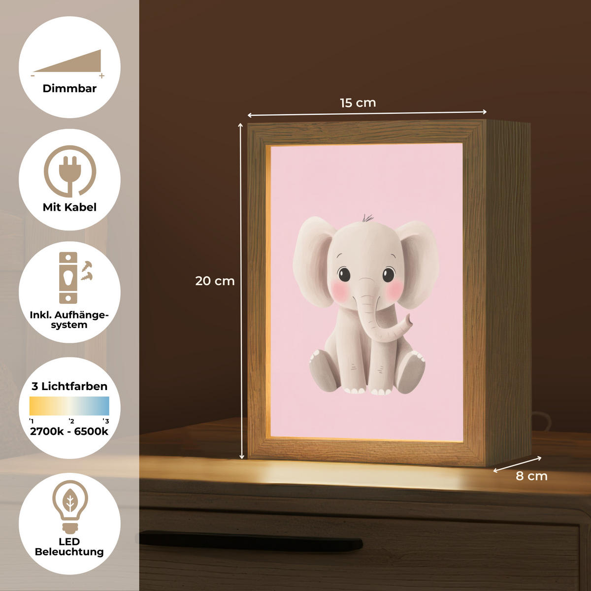 NACHTTISCHLAMPE Elefant - Baby - Rosa - Cartoon 15x20 cm - Rosa, Holzwerkstoff (8/15/20cm)