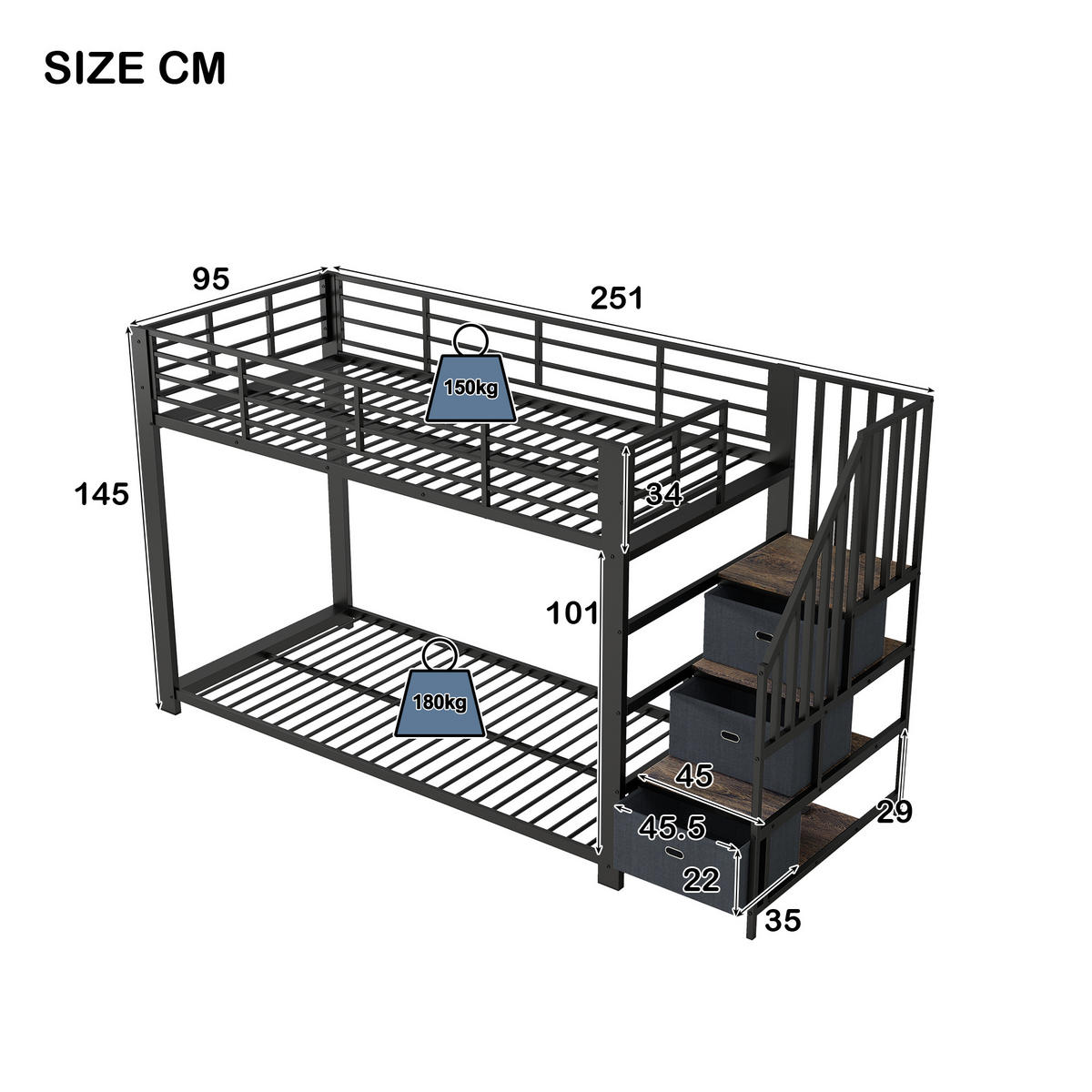 ETAGENBETT 90/200 cm mit Treppe, LED und Steckdose, DE-41957, in Schwarz - Schwarz, Metall (90/200cm) - ComfortXL