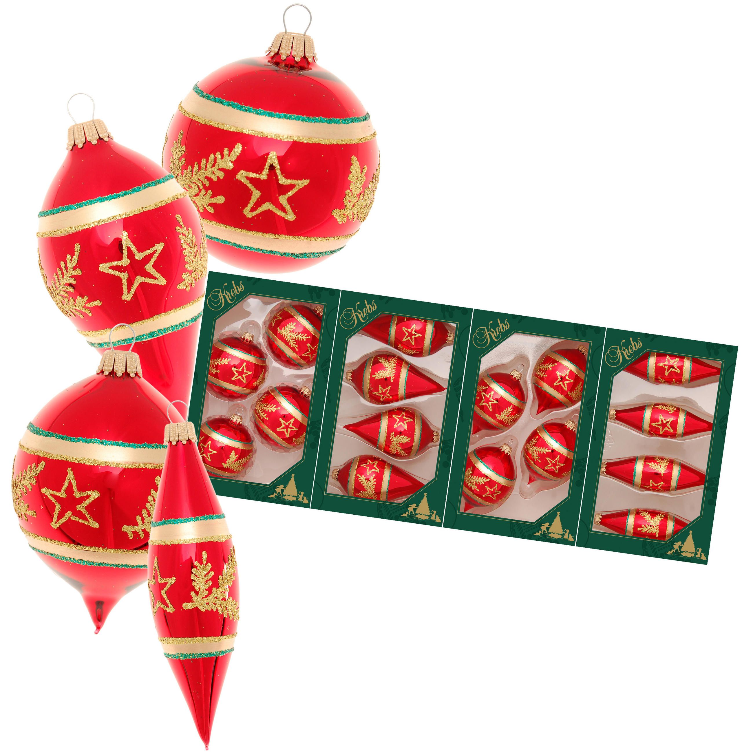 CHRISTBAUMSCHMUCK Stern und Tannenast Rot 7cm (Glas / 16 Stk.) - Rot, Glas (3/7/3cm) - Krebs Glas Lauscha