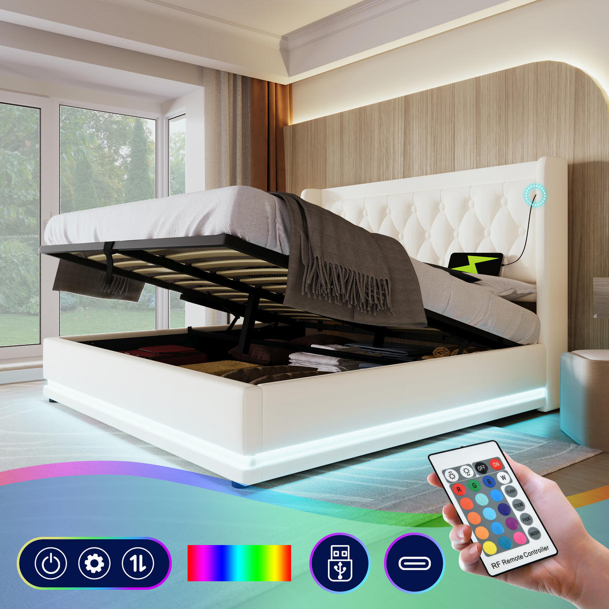 STAURAUMBETT 140/200 cm DE-00519, in Schwarz, LED und hydraulischem Bettkasten - Weiß, Metall (140/200cm) - ComfortXL