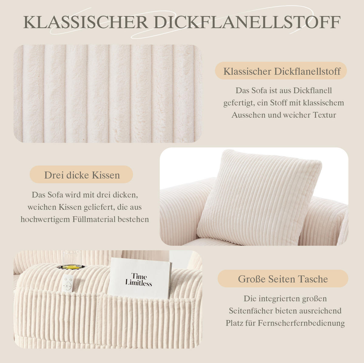 KOMPAKTSOFA Cord mit modularen Elementen und Becherhalter 253/158/61 cm Beige - Beige, Textil (158/253cm) - Redom