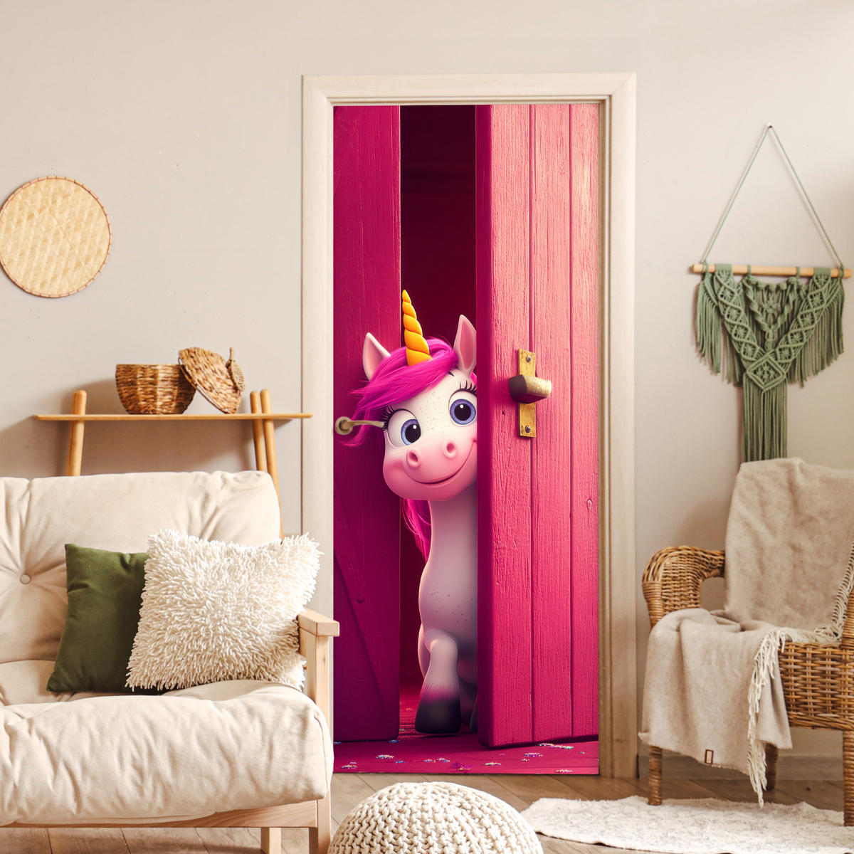 FOTOTAPETE Tür - Einhorn - Rosa - Tür - Fantasie 75x205 cm - Pink, Kunststoff (75/0.1cm) - MuchoWow
