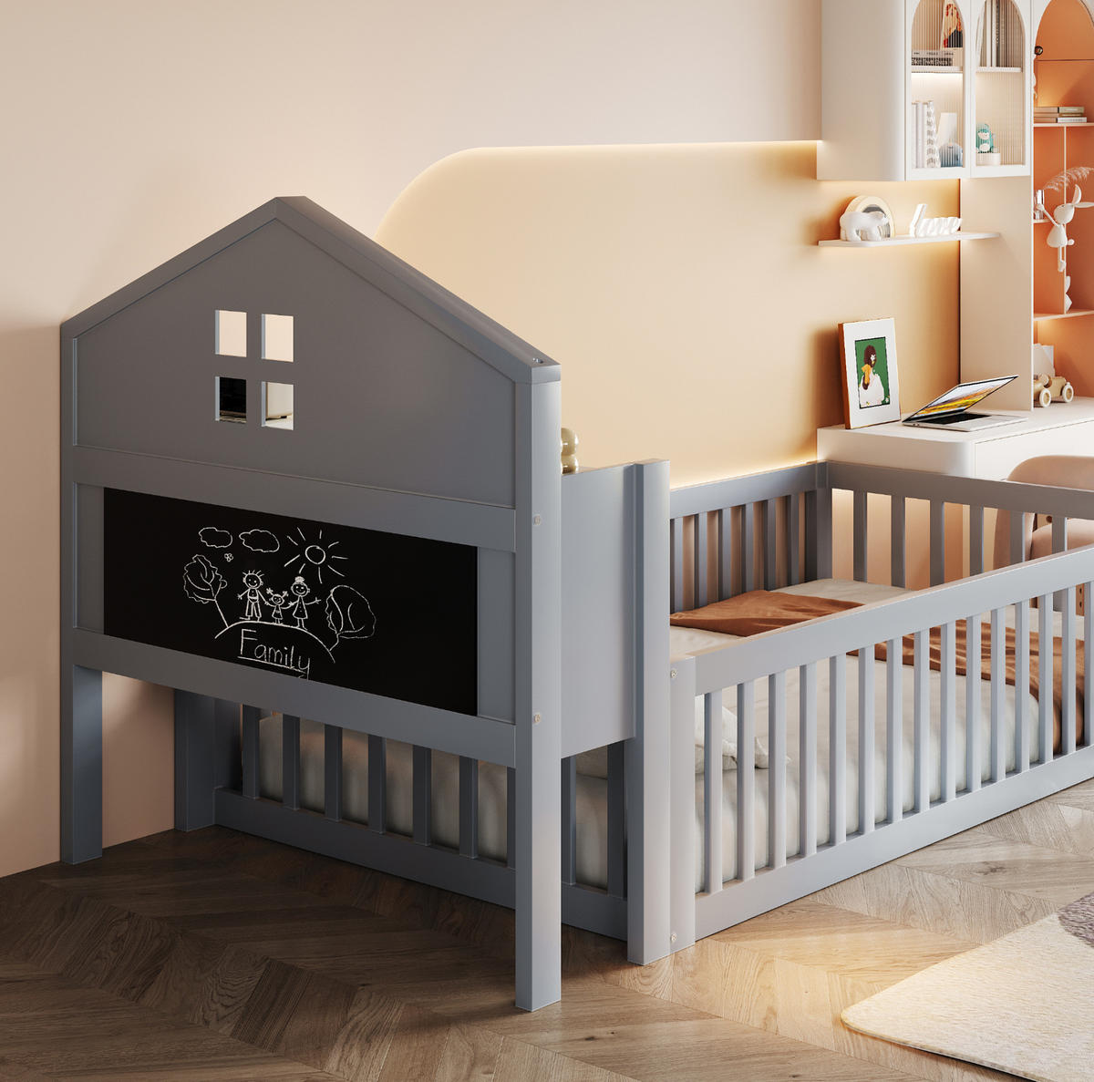BODENBETT 90/200 cm Grau in Hausform mit Stauraum, Kreidetafel - Grau, Holz (90/200cm) - MIVRAY