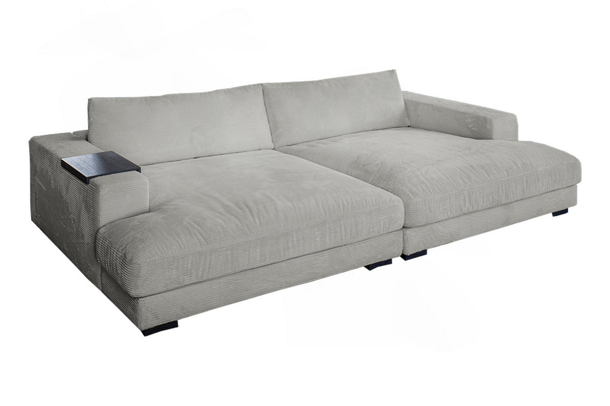 BIG SOFA XL MIT TABLETT SCHWARZ MADELINE Hellgrau Cord - Hellgrau/Schwarz, Kunststoff/Textil (290/85/190cm) - KAWOLA