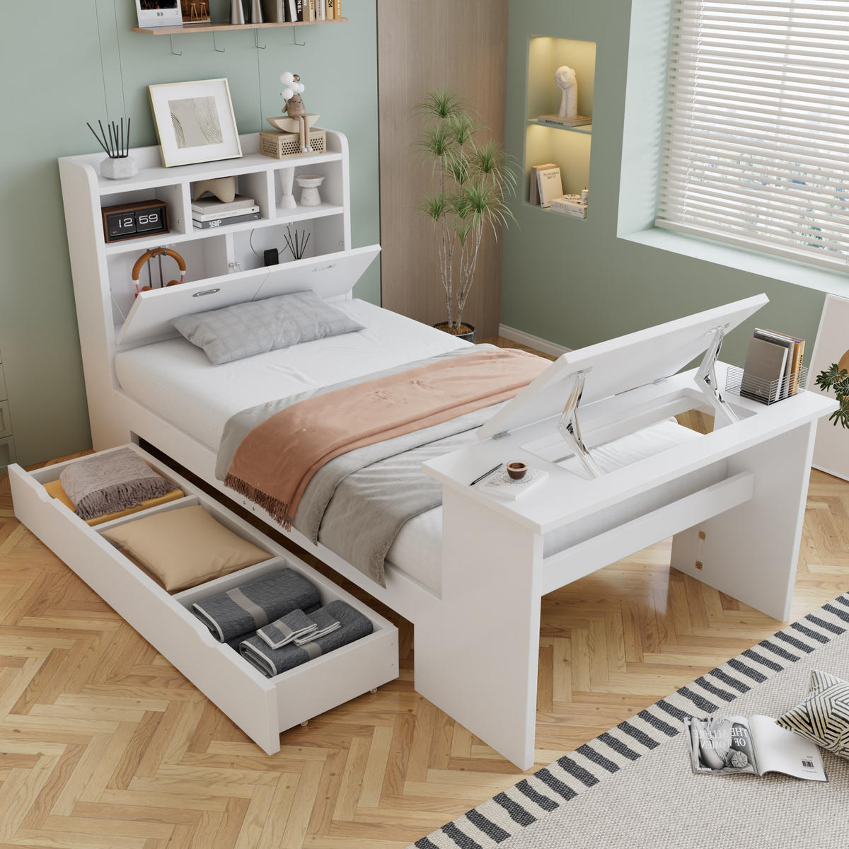 JUGENDBETT 90/200 cm in Weiß mit Stauraum, Kopfteilregal und Klapptisch aus Holz - Weiß, Holzwerkstoff - STILVORA