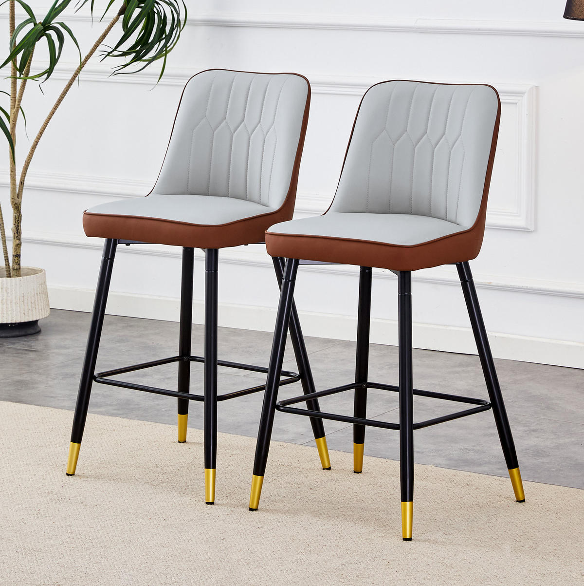 BARHOCKER 2er-Set 100 cm PU-Leder Hellgrau/Braun mit Metallgestell - Braun, Metall (45/100/42cm) - Meubliv