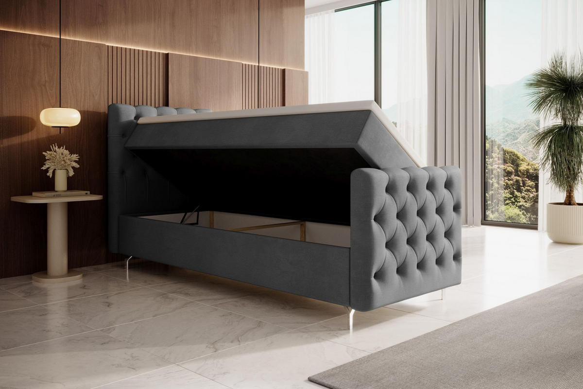 BOXBETT CHESTER PLUS mit Matratze H3, Bonell und Topper 80x200 Monolith 92 Links - Grau, Textil (80/200cm) - Bedante
