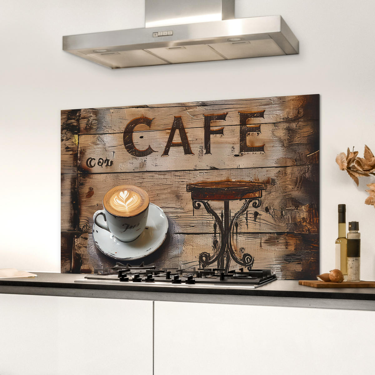 SPRITZSCHUTZ KÜCHE Cafe - Holz - Kaffee - Regale 80x55 cm - Schwarz, Metall (80/0.3/55cm) - MuchoWow