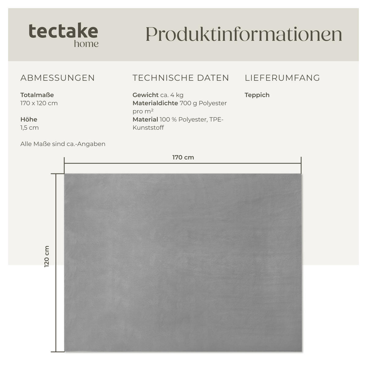 KURZFLORTEPPICH Soft Zone,rutschfeste Unterseite,grau - Grau, Kunststoff (170/120cm) - tectake