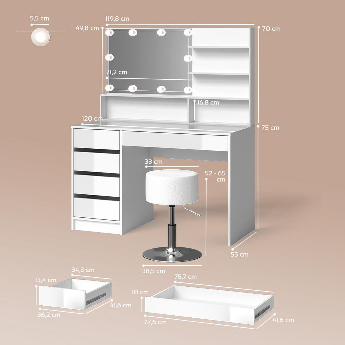 SCHMINKTISCH Imola Weiß mit LED Beleuchtung, Hocker und Spiegelregal - Weiß, Holzwerkstoff (145/75/55cm) - Livinity®