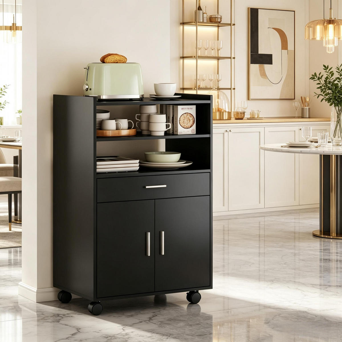 SERVIERWAGEN DE-38822 59/40/92 cm 4 Rollen und Schublade Schwarz - Schwarz, Holzwerkstoff (59/92/40cm) - ComfortXL