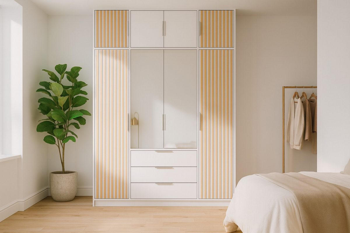 DREHTÜRENSCHRANK LABOO LUX 196/200/58 cm in Weiß mit Lamellen und Aufsatz - Weiß, Holzwerkstoff (196/245/58cm) - Deine Möbel 24