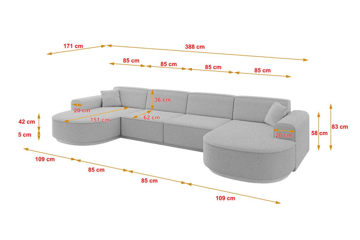 WOHNLANDSCHAFT MARI-U2-v3 - 388x171x83 cm Hellgrau Bouclé - Hellgrau/Schwarz, Holzwerkstoff/Kunststoff (388/83/171cm) - ALTDECOR