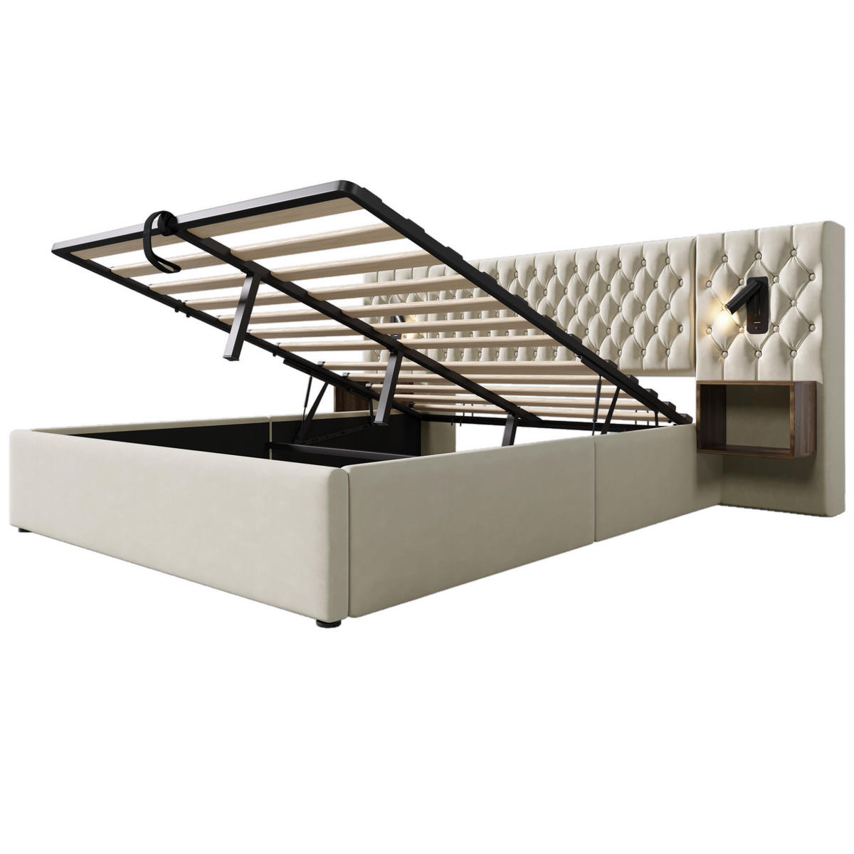POLSTERBETT aus Samt 180x200 cm Beige mit Bettkasten, Nachttischen, Leselampen und USB-/Type-C-Anschlüssen - Beige, Textil (180/200cm) - Modfu