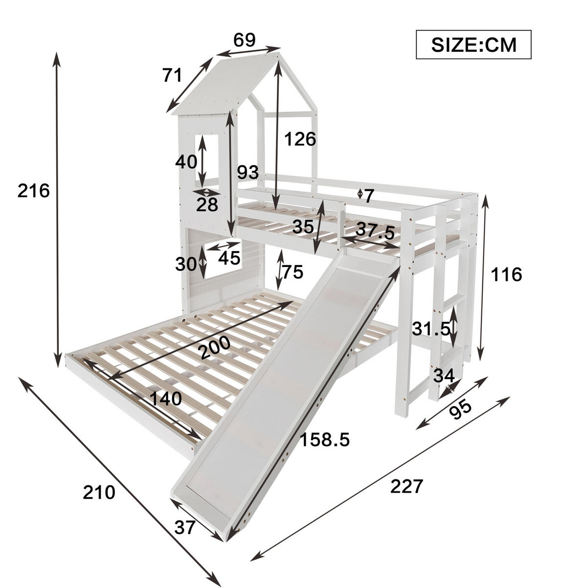 ETAGENBETT aus Kiefer und MDF 90x200/140x200 cm Weiß mit Rutsche, Leiter und Hausbett-Design - Weiß, Holzwerkstoff (90/200cm) - Modfu