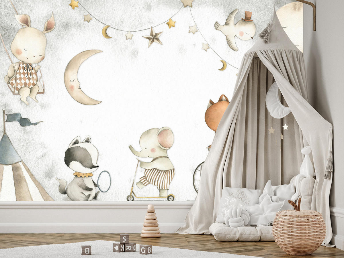 FOTOTAPETE für Kinderzimmer Zirkus Tiere Elefant Fuchs Monde Sterne 400x280 - Gelb/Beige, Papier (400/280cm) - Muralo