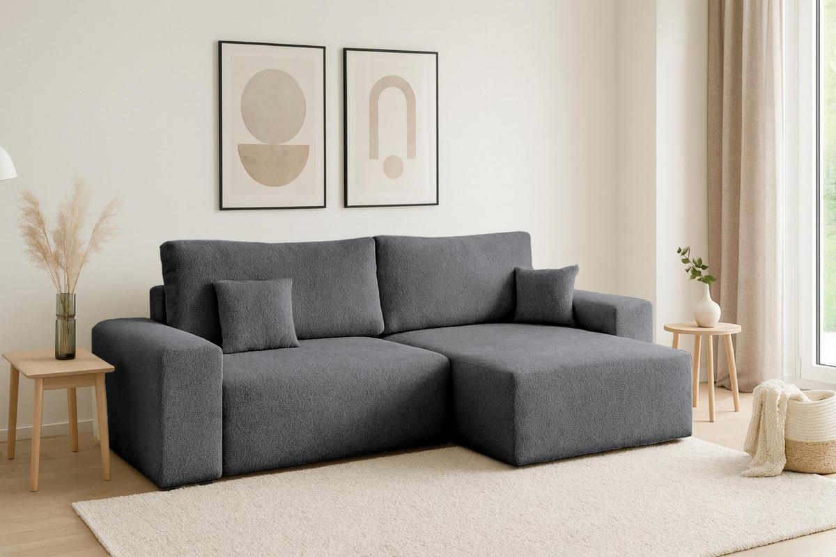 ECKSOFA MILKY 255/148 in Bouclé Dunkelgrau rechts - Dunkelgrau, Holz/Holzwerkstoff (255/148cm) - Deine Möbel 24